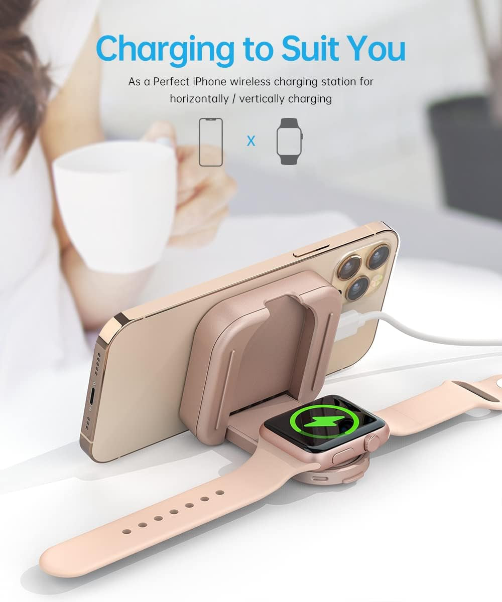 2 in 1 Magnetic Wireless Charger, Folding Dual Fast Magnetic Wireless Charging Station Stand Compatible with Iphone 13/12/ Pro Max/Mini/Apple Watch Se/7/6/5/4/3/2/1