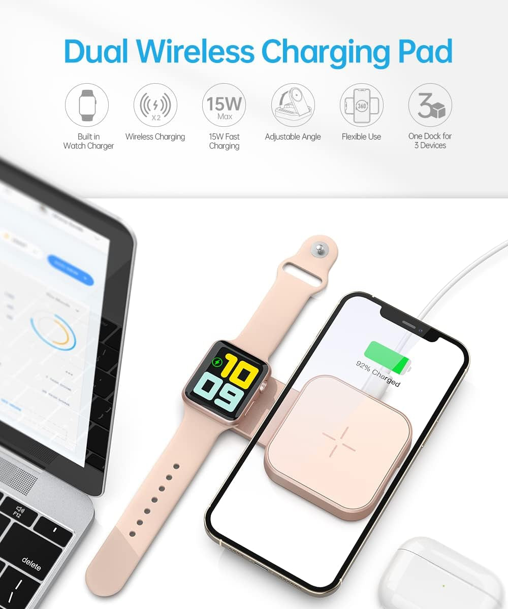 2 in 1 Magnetic Wireless Charger, Folding Dual Fast Magnetic Wireless Charging Station Stand Compatible with Iphone 13/12/ Pro Max/Mini/Apple Watch Se/7/6/5/4/3/2/1