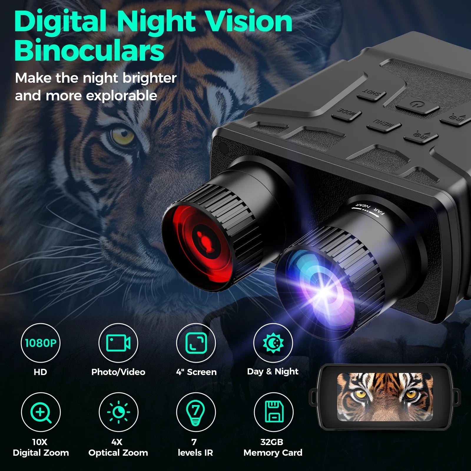 Night Vision Goggles, 10X Digital Night Vision Binoculars, 7 Level Infrared Binoculars, 32GB HD Photo and Video Type-C Rechargeable